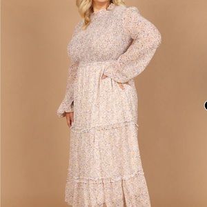 EDWINA SHIRRED FRILL LONG SLEEVE MIDI DRESS - ROSE FLORAL